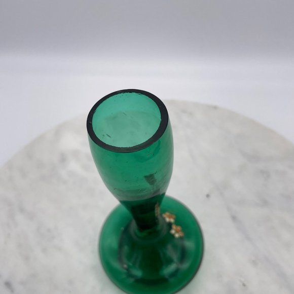 Emerald Green Bohemian Glass Bud Vase Pair Hand Blown Painted Fluted Unique Vint - Picture 12 of 14